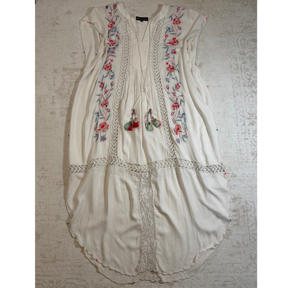 Hemant and Nandita White Cotton Embroidered Kaftan Dress Boho Tassel Lace Large